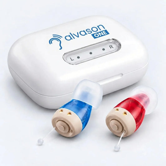 Alvason ONE, la paire d'amplificateurs et son boîtier de recharge